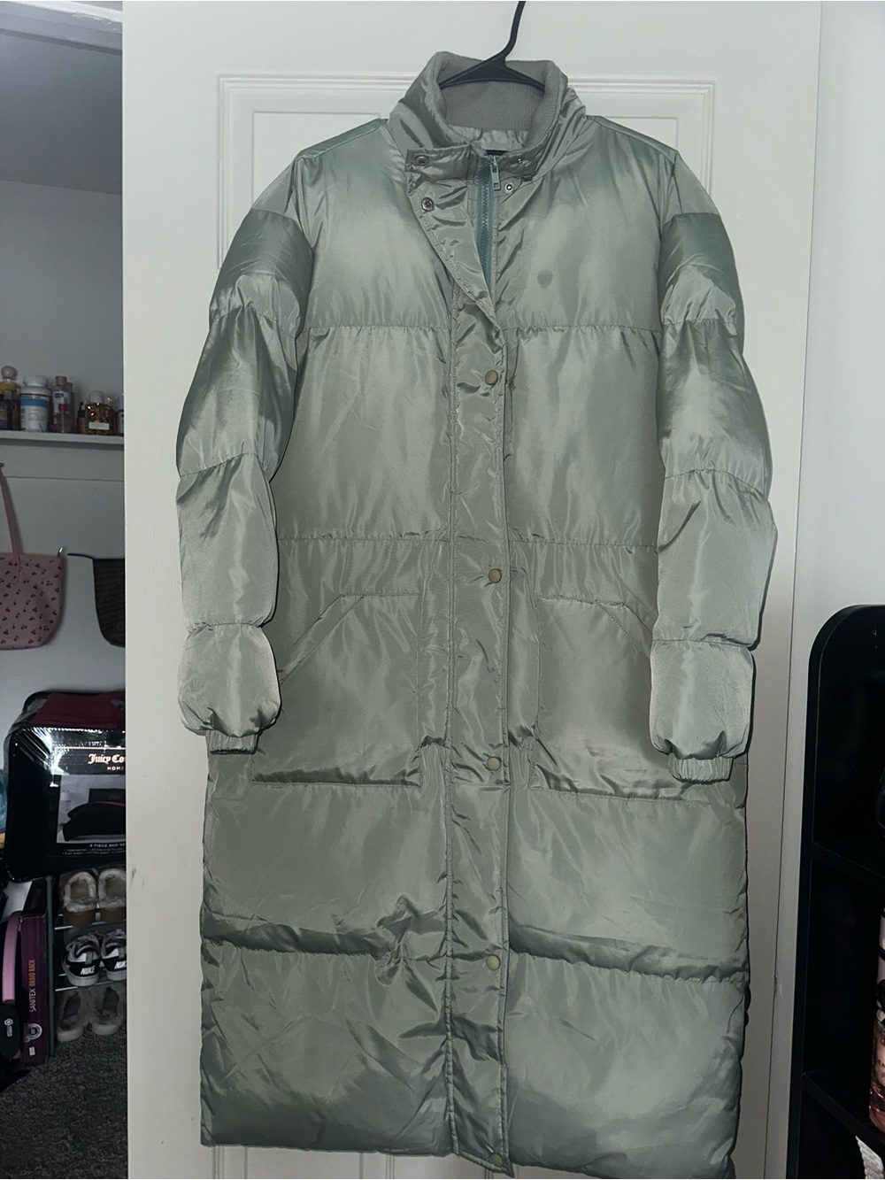PrettyLittleThing Sage Green Long Puffer Coat